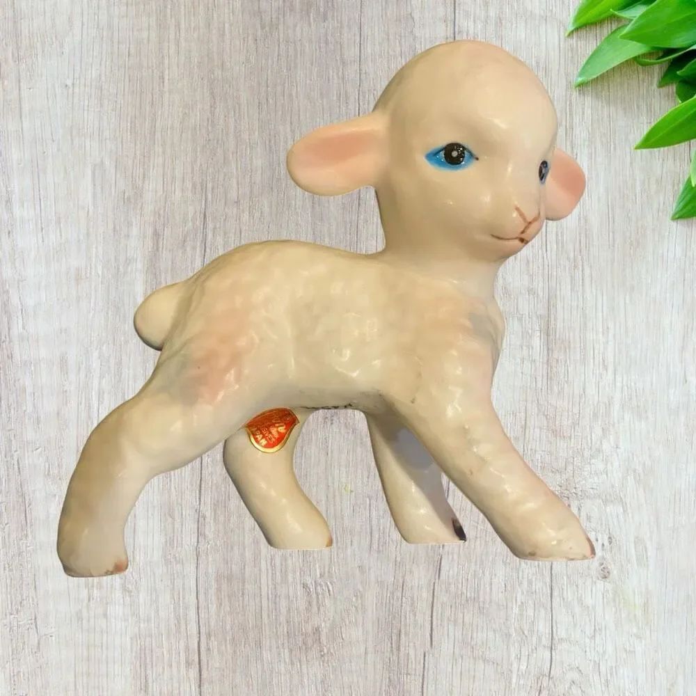 Vintage Lefton Anthropomorphic Lamb Figurines White w/Pink Cheeks Blue Eyes